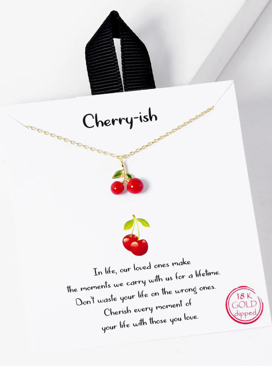 Fruit-Theme 18K-Gold-Dipped Enamel Cherry Pendant Necklacce