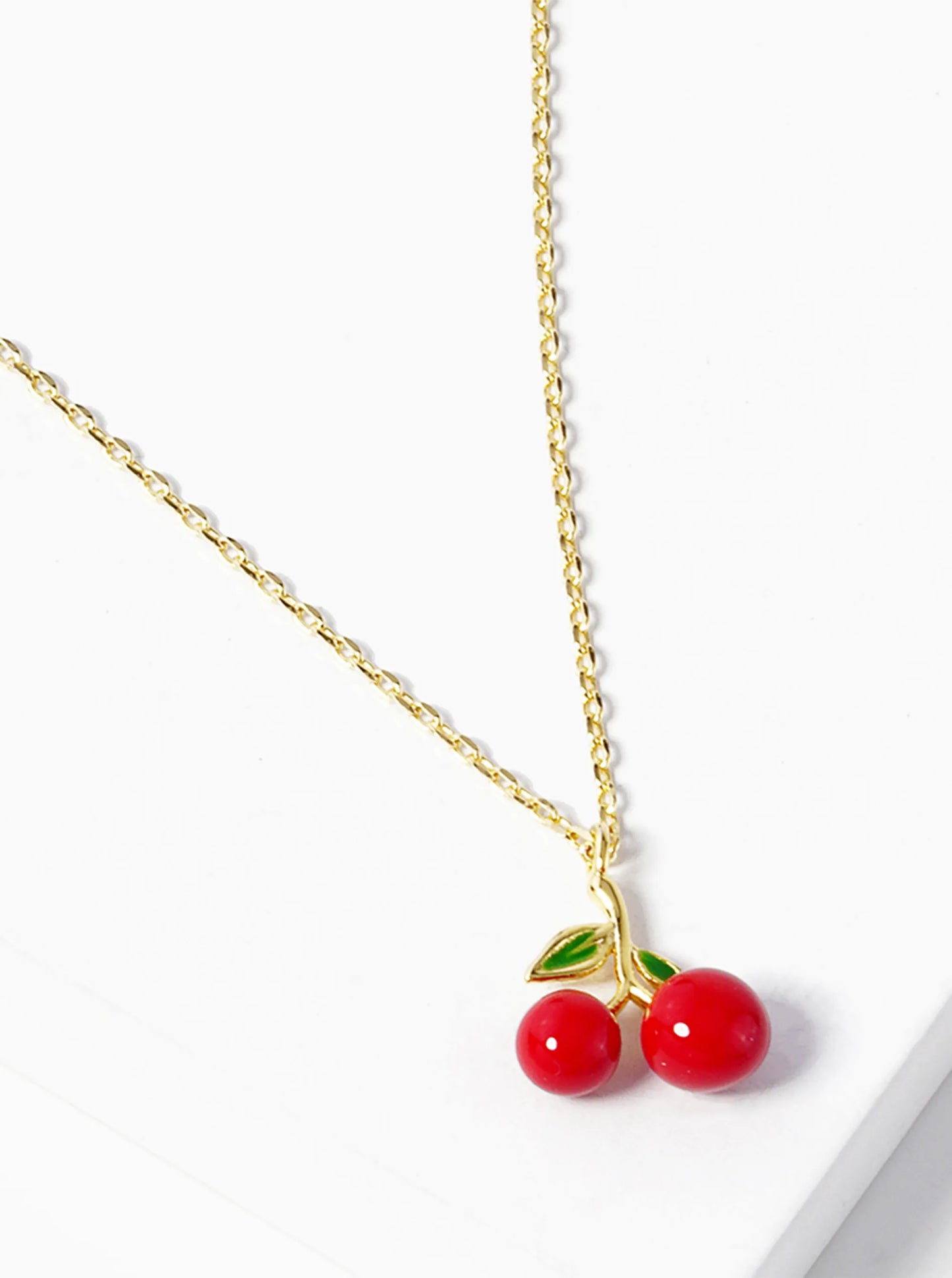 Fruit-Theme 18K-Gold-Dipped Enamel Cherry Pendant Necklacce