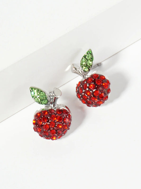 Fruit-Theme Crystal-Pave Apple Stud Earrings