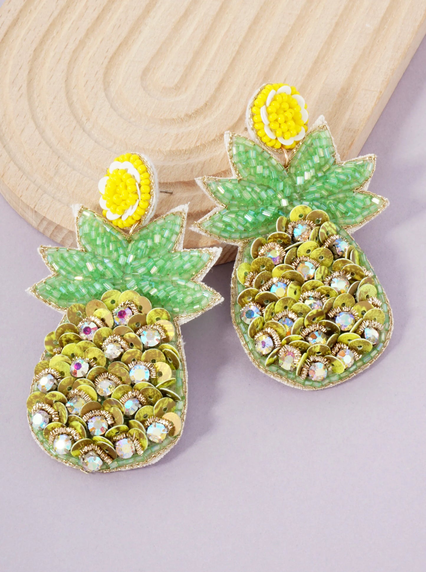 Fruit-Theme Sequin Glass-Beaded Pineapple Statement Earrings
