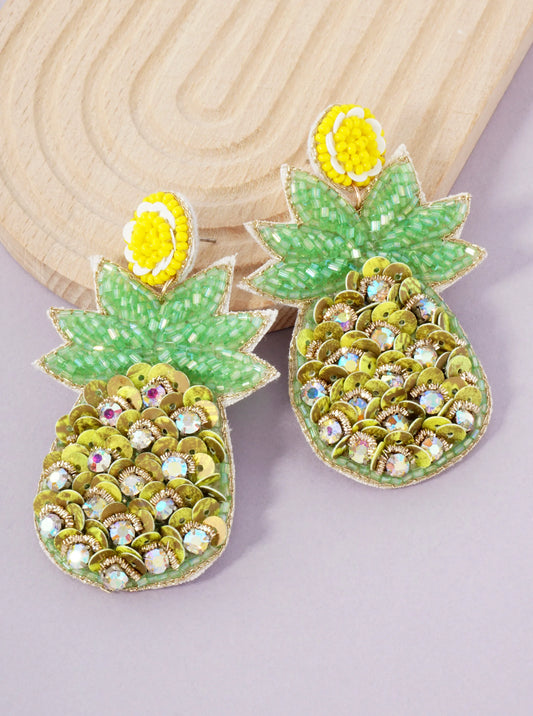 Fruit-Theme Sequin Glass-Beaded Pineapple Statement Earrings