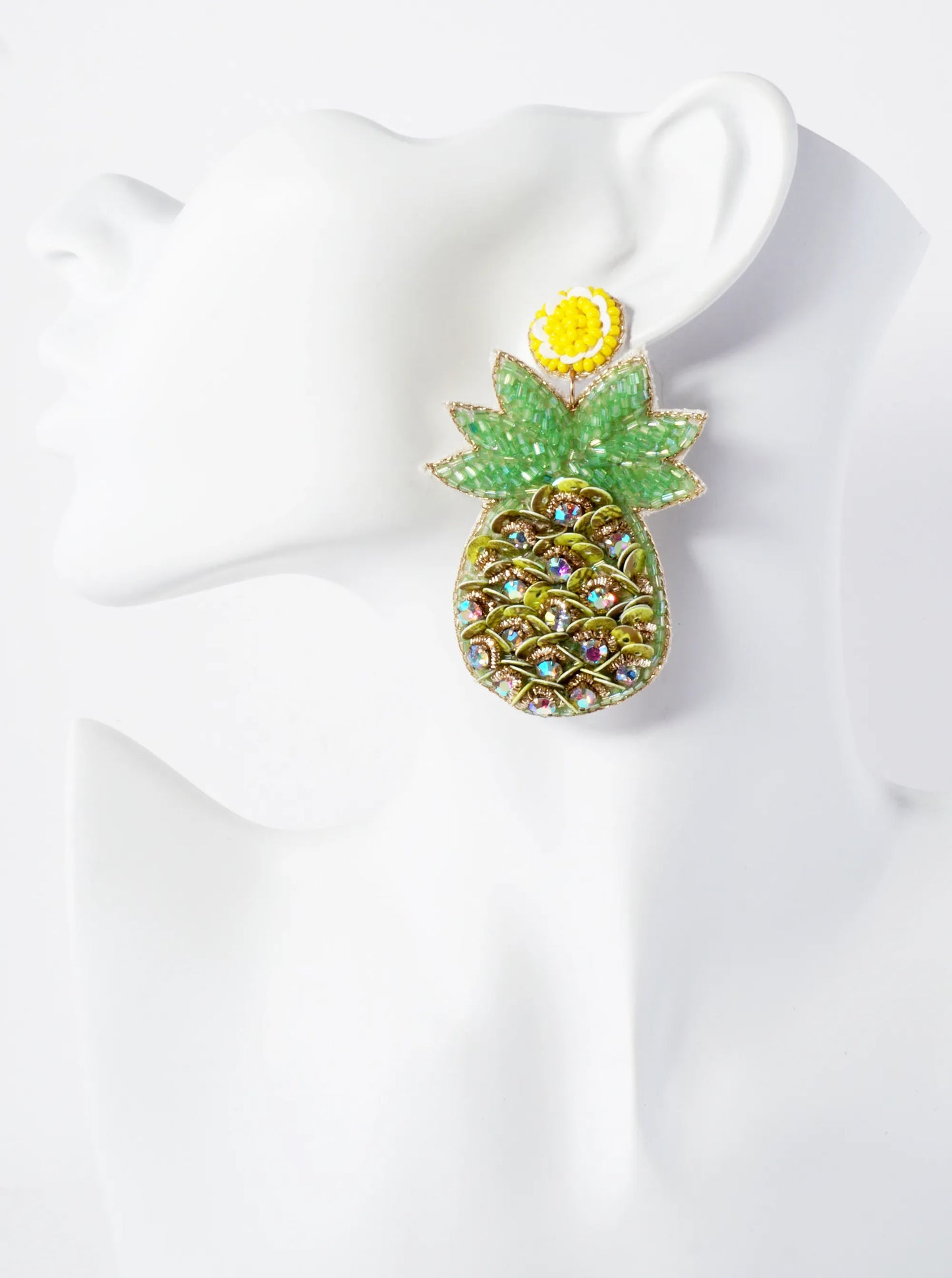 Fruit-Theme Sequin Glass-Beaded Pineapple Statement Earrings