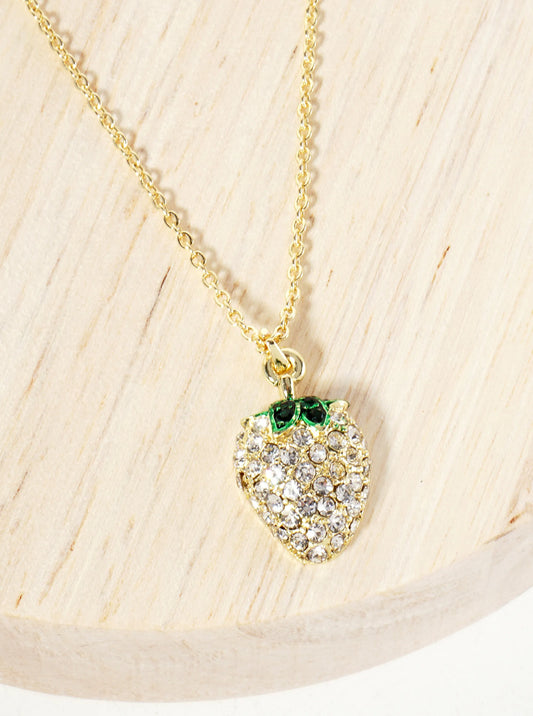 Fruit-Theme Sparkling Adorned With Crystal-Pave Strawberry Pendant Necklace