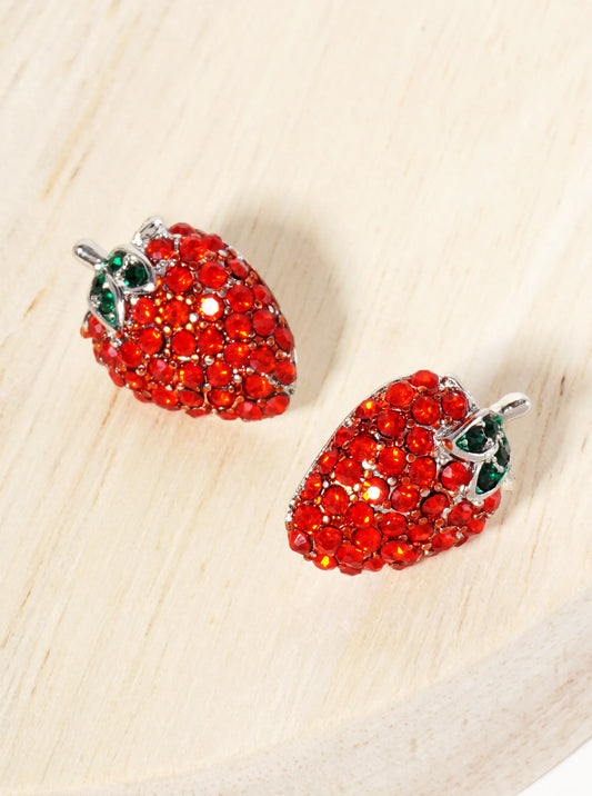 Fruit-Theme Sparkling Adorned With Crystal-Pave Strawberry Stud Earrings