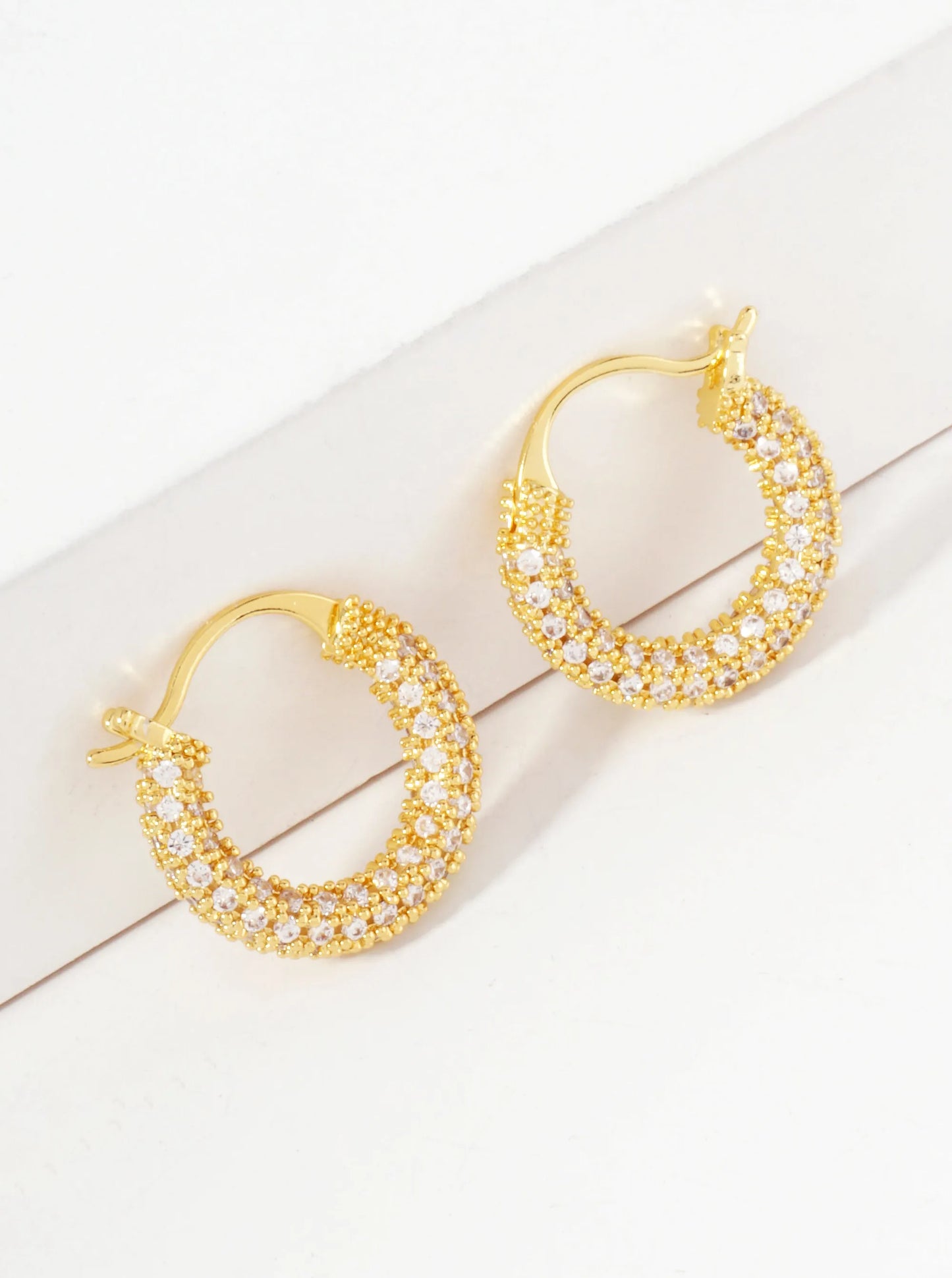 Full CZ-Embellished 14K-Gold-Dipped Brass 15mm Hinged Hoop Earrings