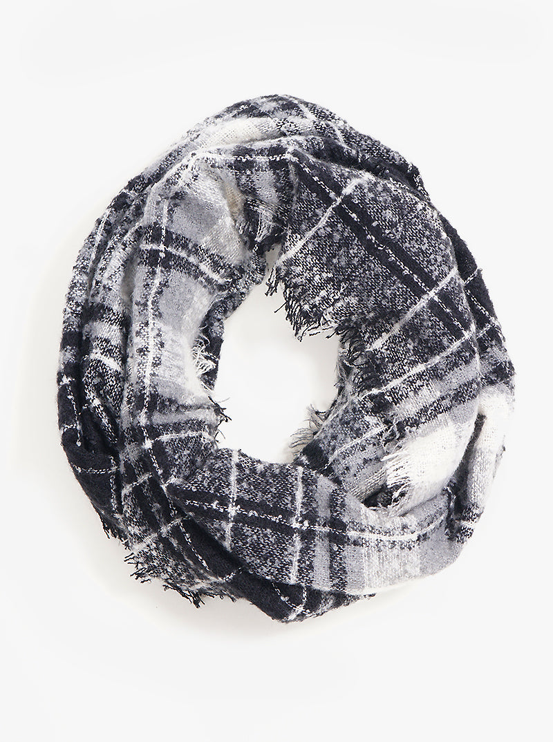 Fuzzy Tartan Plaid Double Loop With Fringe Infinity Scarf