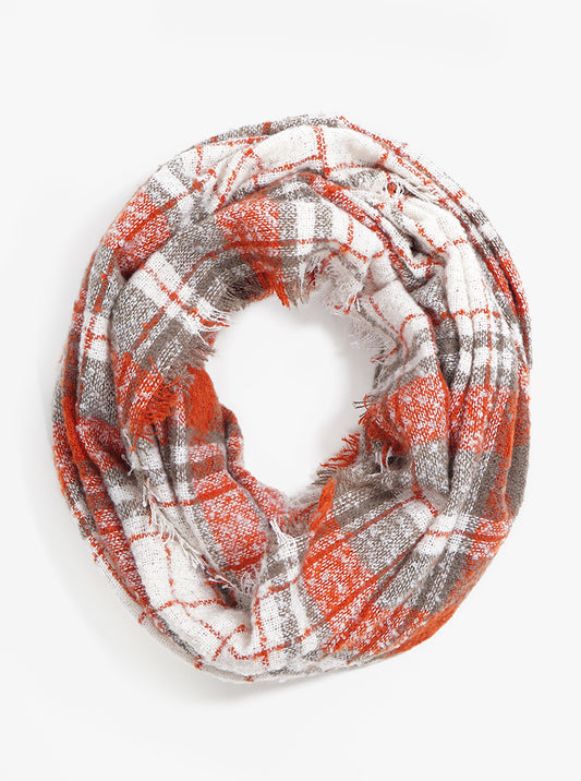 Fuzzy Tartan Plaid Double Loop With Fringe Infinity Scarf
