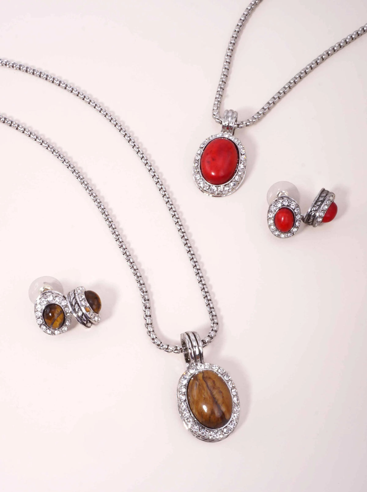 Semiprecious Stone Oval Pendant Necklace Set