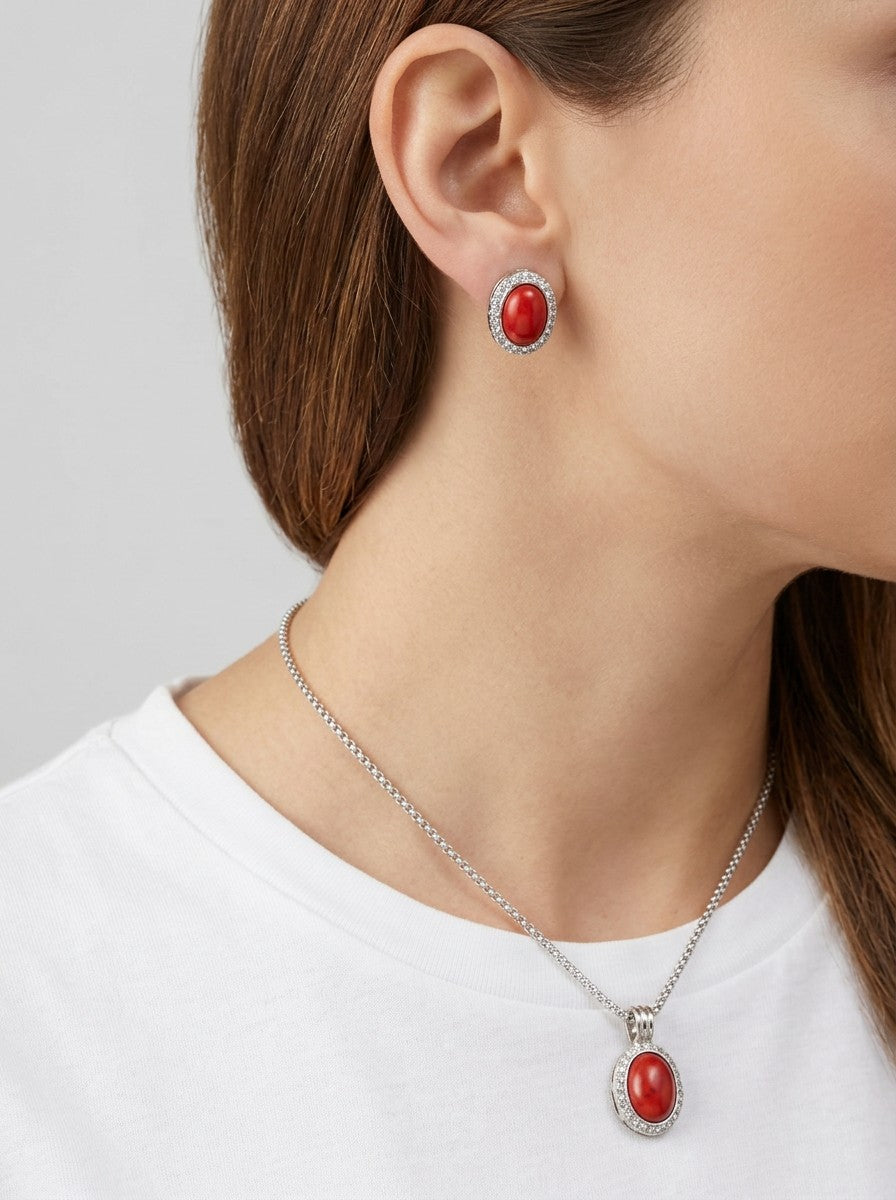 Semiprecious Stone Oval Pendant Necklace Set