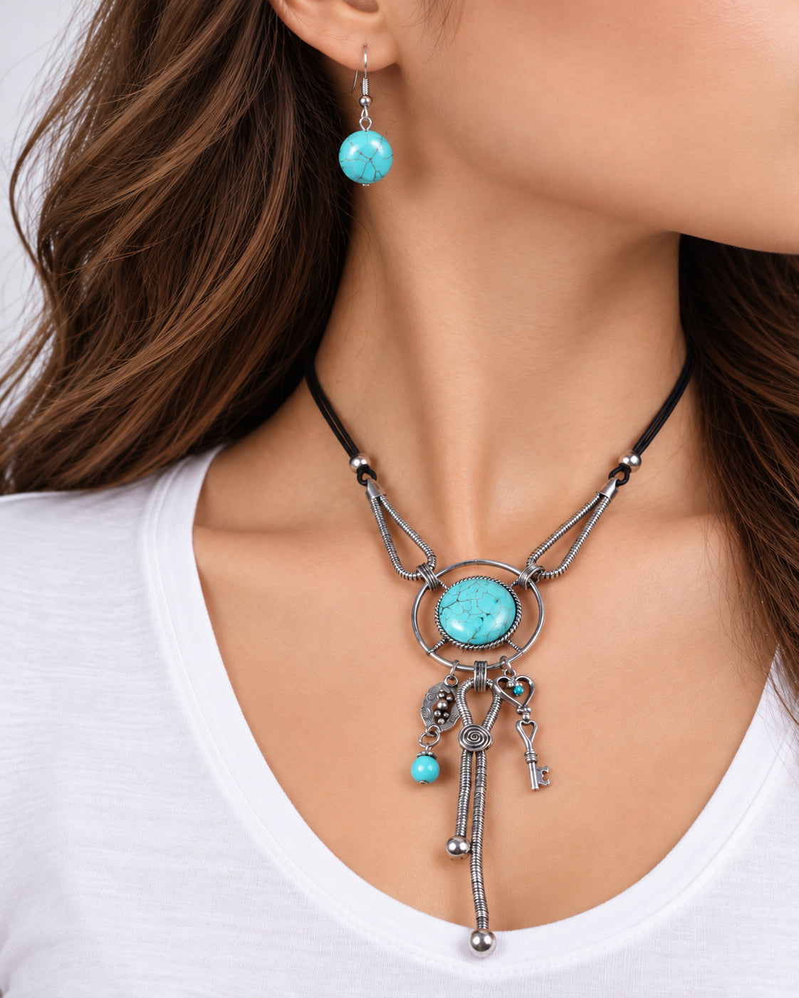 Semiprecious Stone Charm Pendant Necklace Set