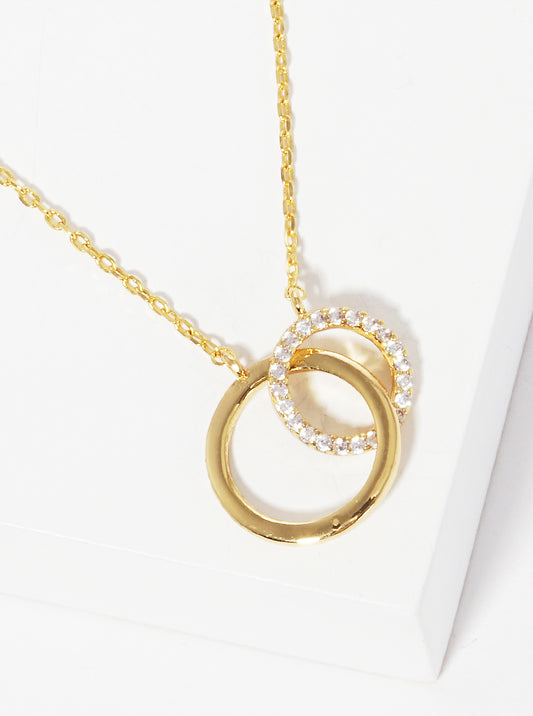 GOLD DIPPED PAVE CRYSTAL DOUBLE ROUND PENDANT NECKLACE