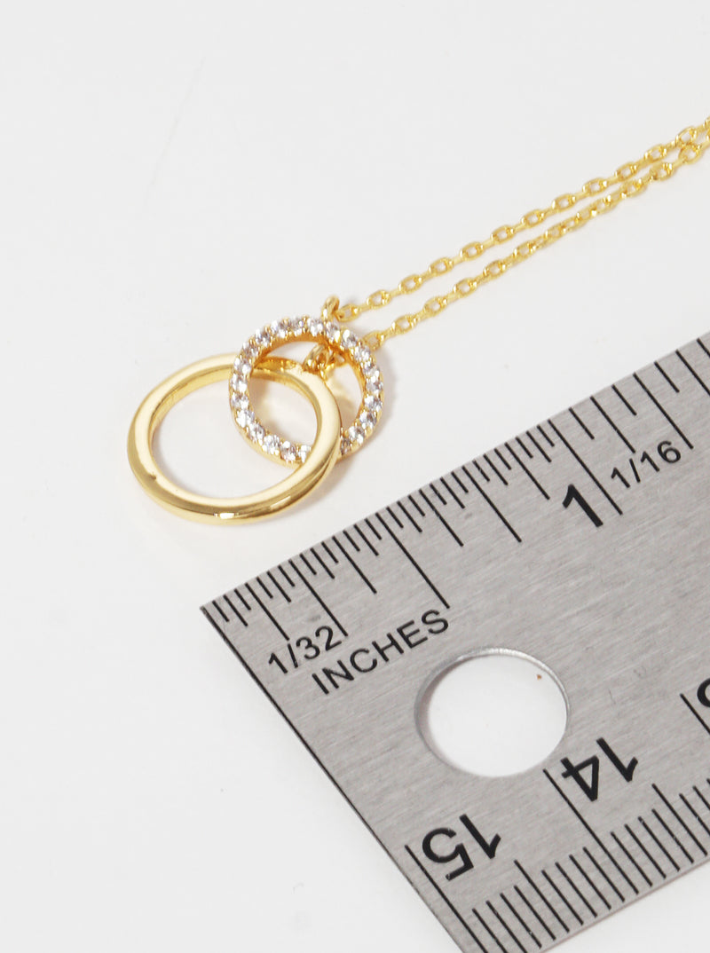 GOLD DIPPED PAVE CRYSTAL DOUBLE ROUND PENDANT NECKLACE