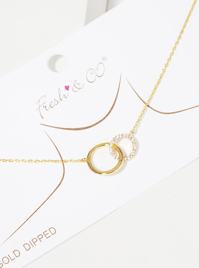 GOLD DIPPED PAVE CRYSTAL DOUBLE ROUND PENDANT NECKLACE