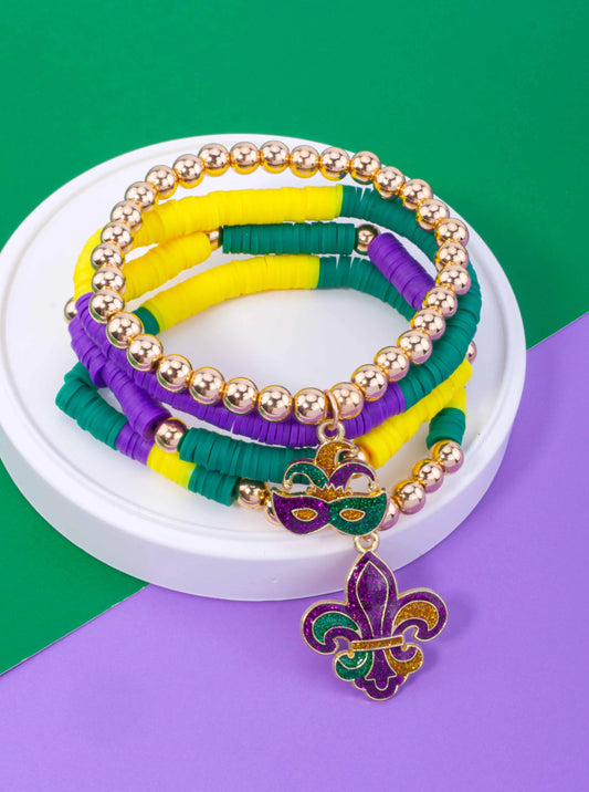 Mardi Gras Clay Bead Stacked Stretch Bracelet