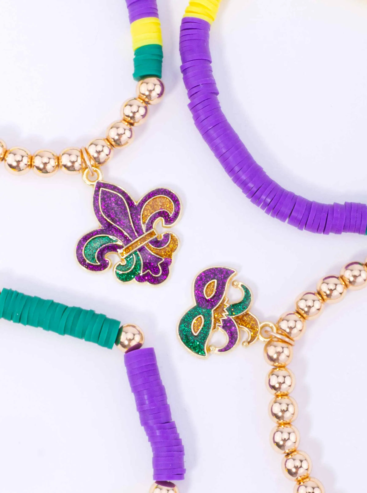 Mardi Gras Clay Bead Stacked Stretch Bracelet