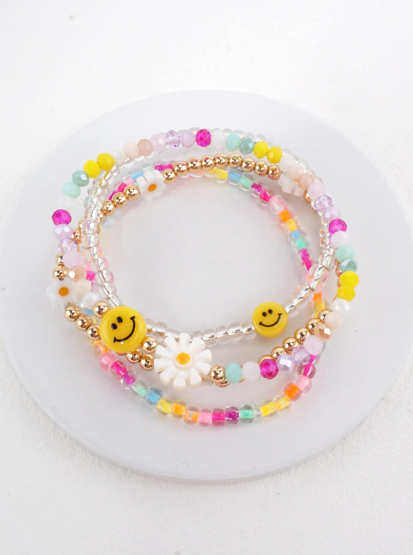4-PC Colorful Smiley Daisy Resin Stretch Bracelet