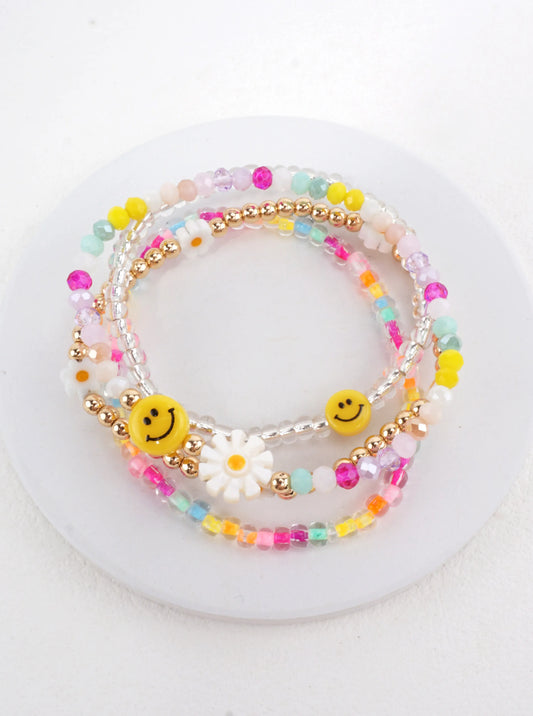 4-PC Colorful Smiley Daisy Resin Stretch Bracelet