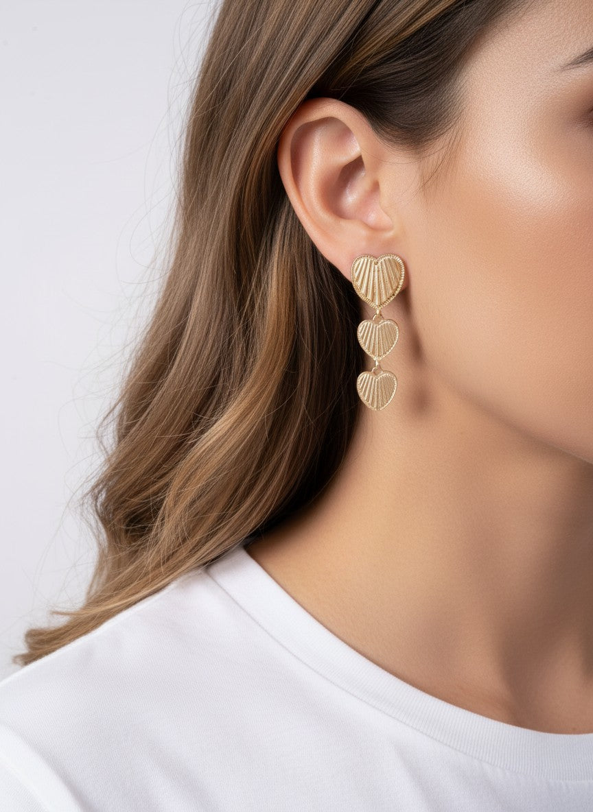 Ribbed Triple Heart Matte Post Drop Earrings