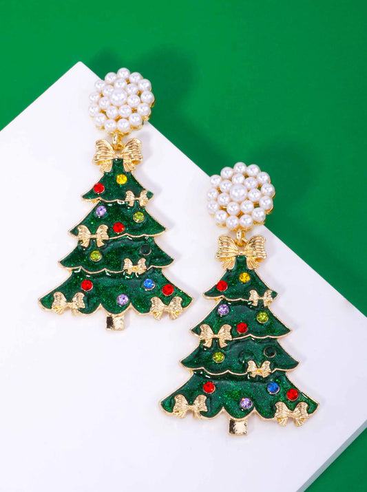 Pearl Glitter Rhinestone Christmas Tree Earrings