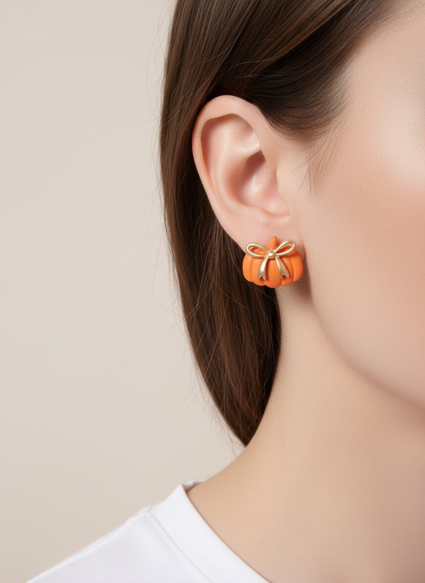 Matte Whimsical Pumpkin Bow Stud Earrings