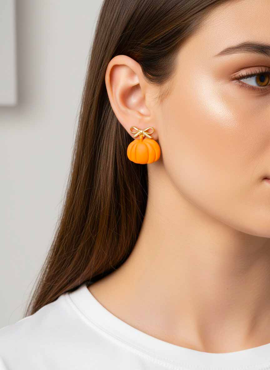 Whimsical Matte Bow Pumpkin Drop Earrings