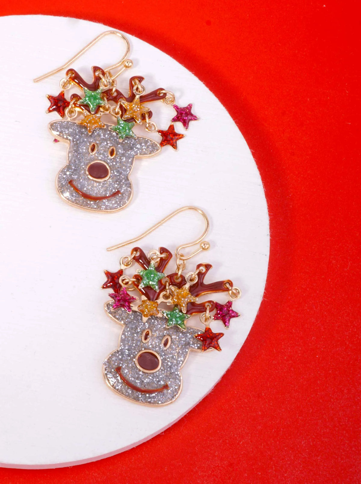 Glitter Enamel Reindeer Star Drop Earrings