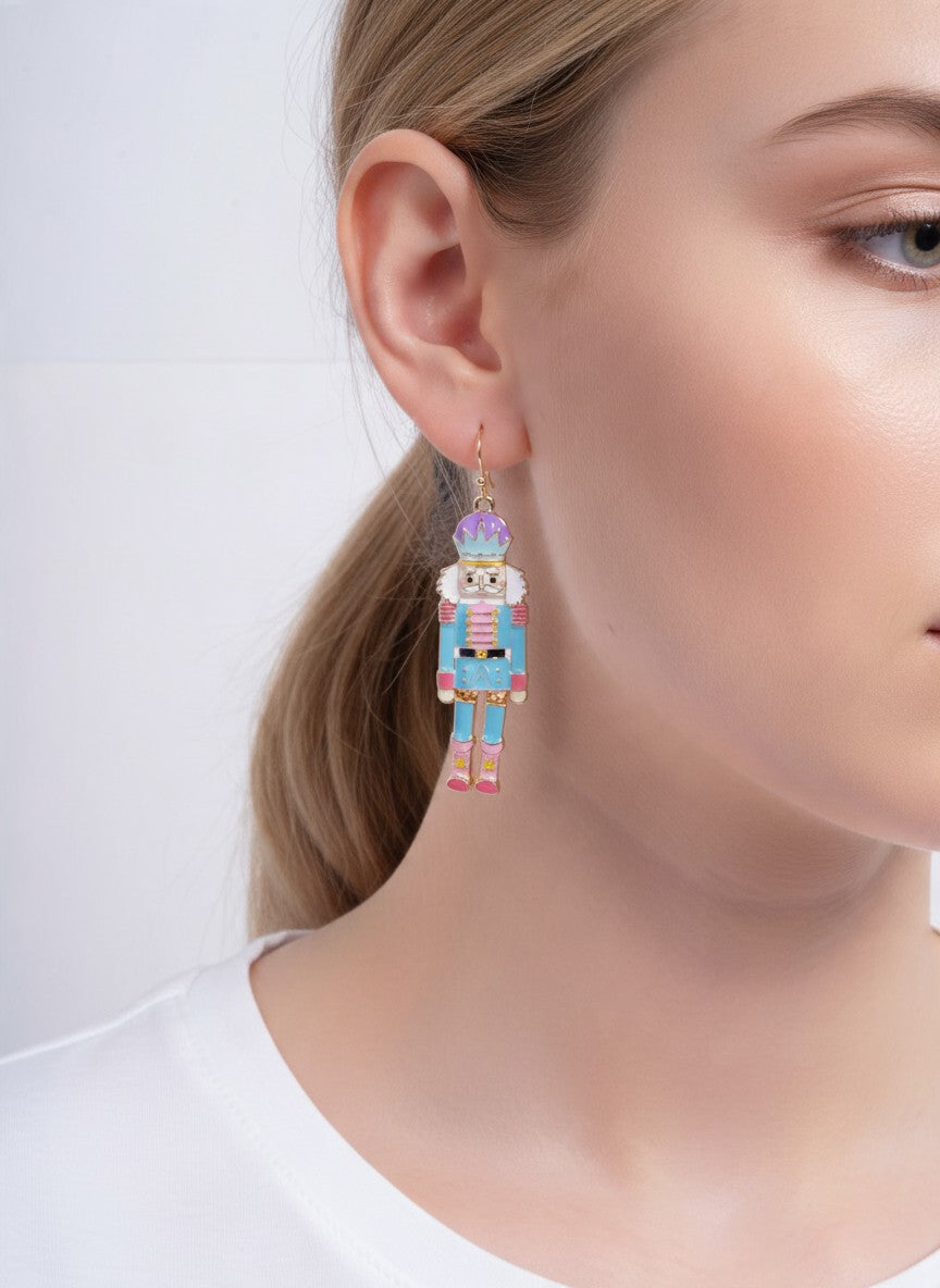 Enameled Nutcracker Soldier Drop Hook Earrings