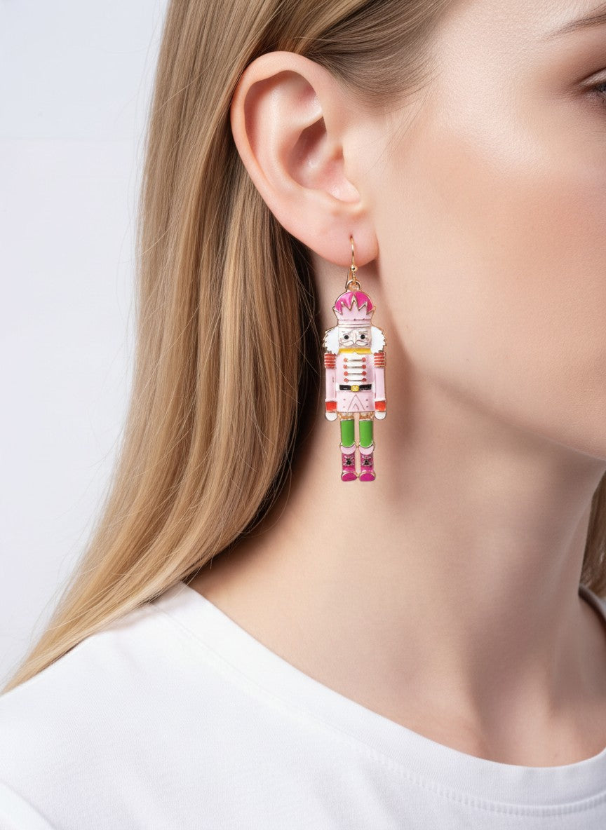 Enameled Nutcracker Soldier Drop Hook Earrings