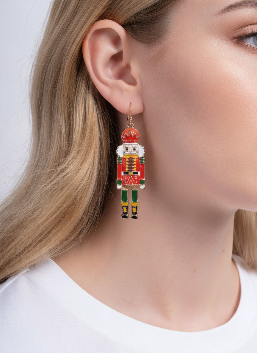 Enameled Nutcracker Soldier Drop Hook Earrings