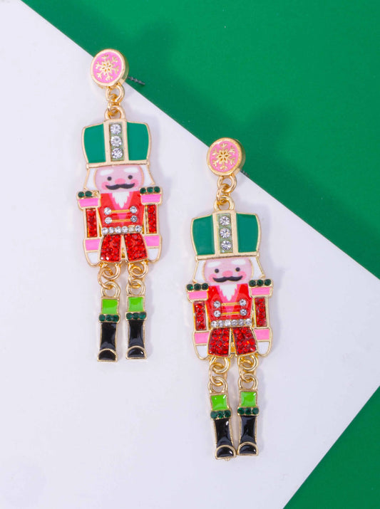 Enameled Rhinestone Nutcracker Post Drop Earrings