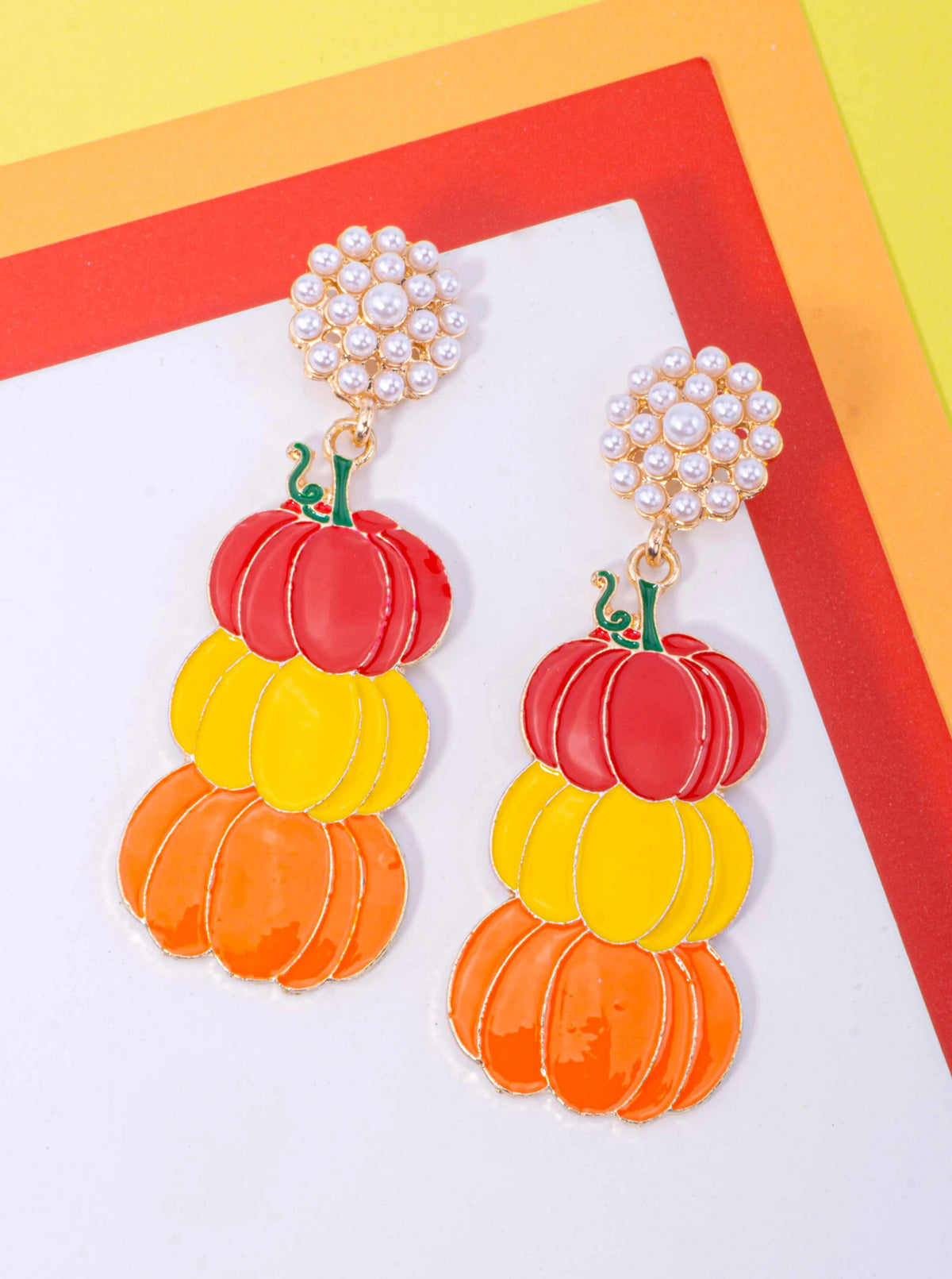 Pearl Cluster Enameled Pumpkin Drop Earrings