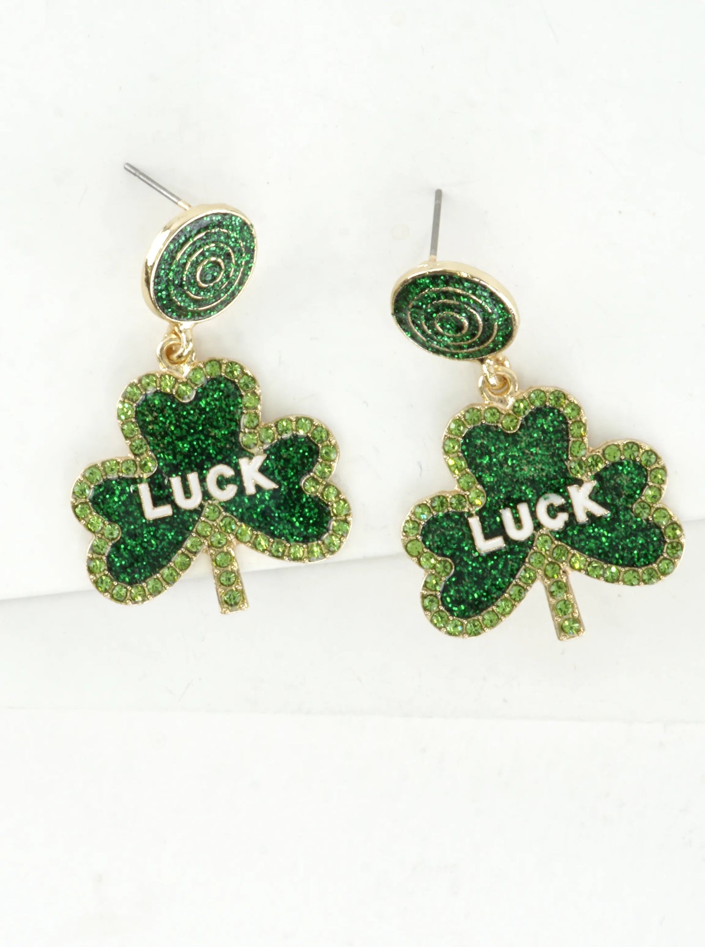 Green Glitter LUCK Shamrock Drop Dangle Earrings