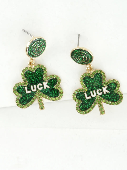 Green Glitter LUCK Shamrock Drop Dangle Earrings