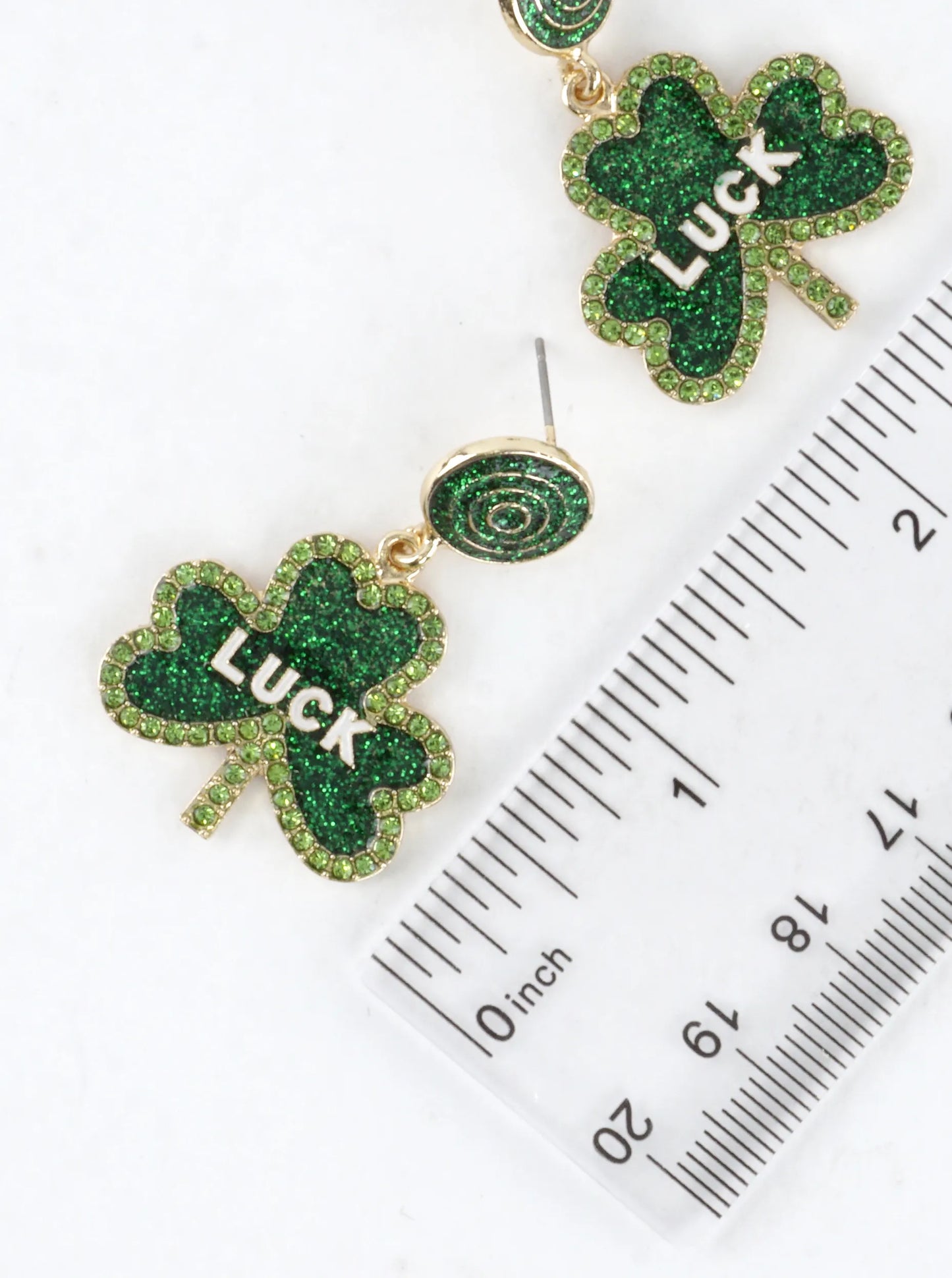 Green Glitter LUCK Shamrock Drop Dangle Earrings