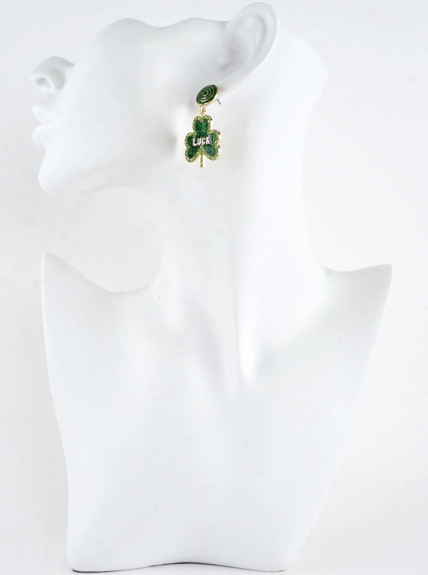 Green Glitter LUCK Shamrock Drop Dangle Earrings