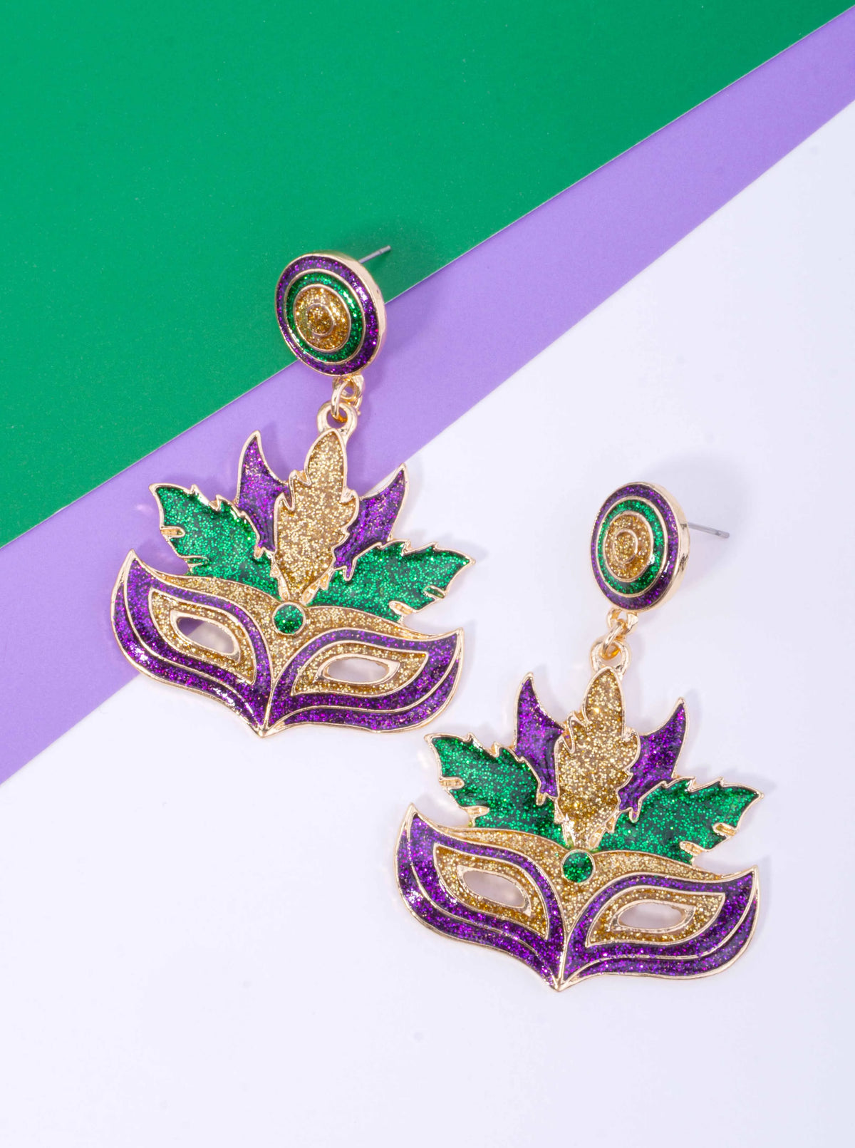 Glitter Mardi Gras Mask Post Drop Earrings