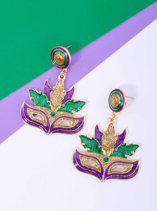 Glitter Mardi Gras Mask Post Drop Earrings
