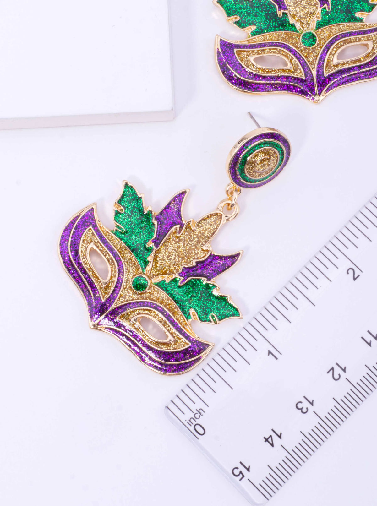 Glitter Mardi Gras Mask Post Drop Earrings