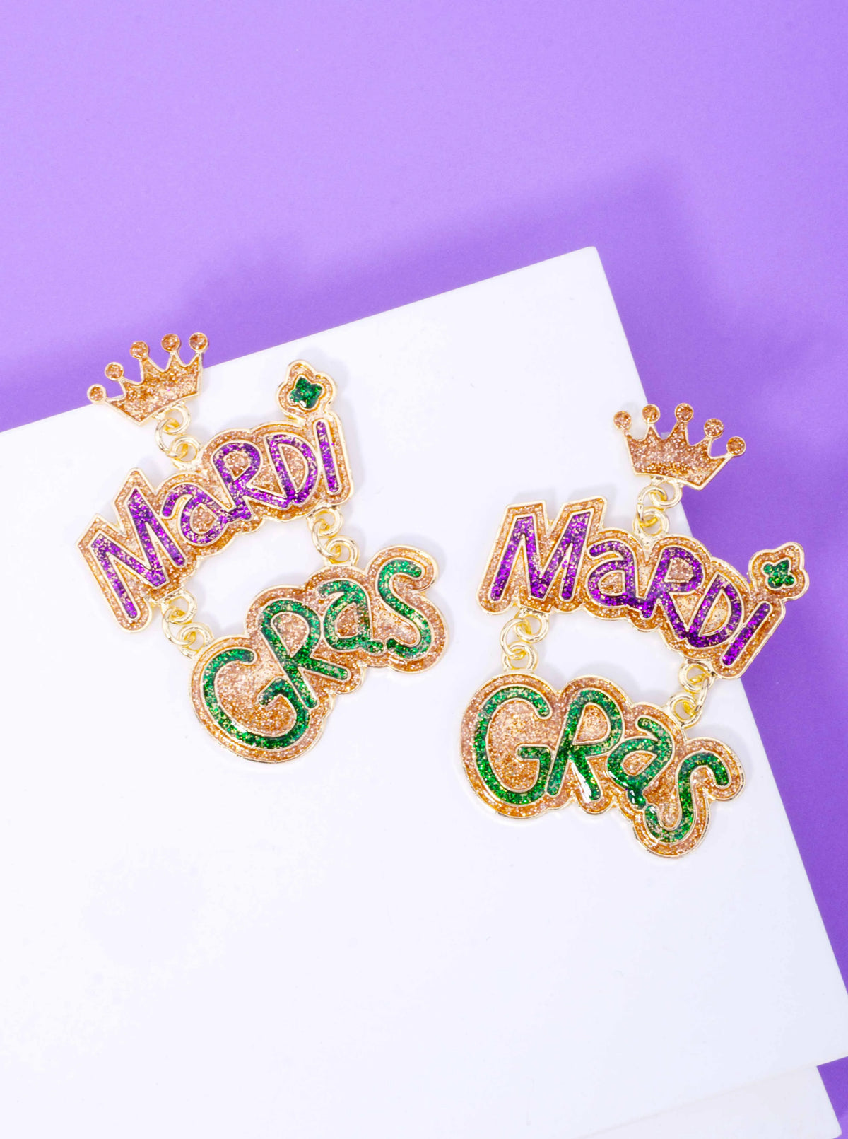 Glitter Mardi Gras Crown Post Drop Earrings