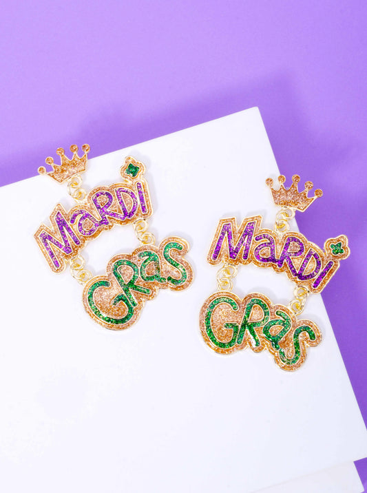 Glitter Mardi Gras Crown Post Drop Earrings