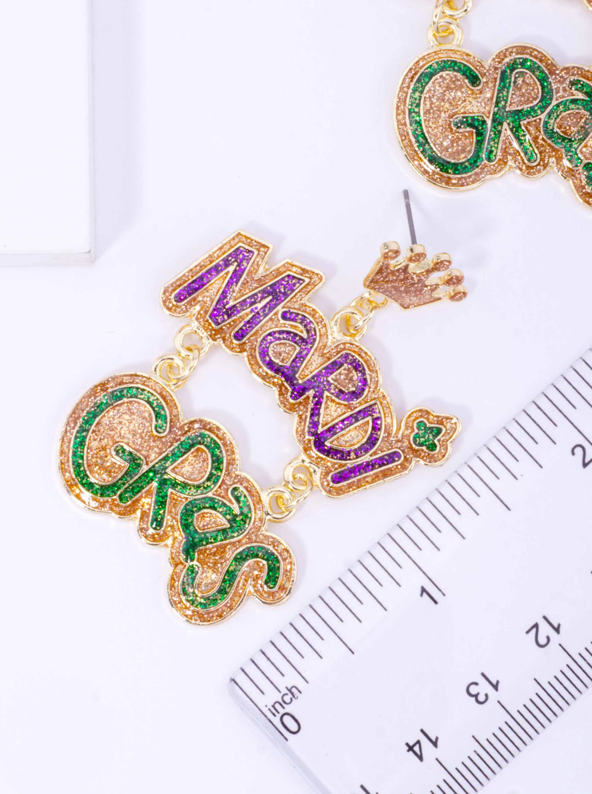 Glitter Mardi Gras Crown Post Drop Earrings