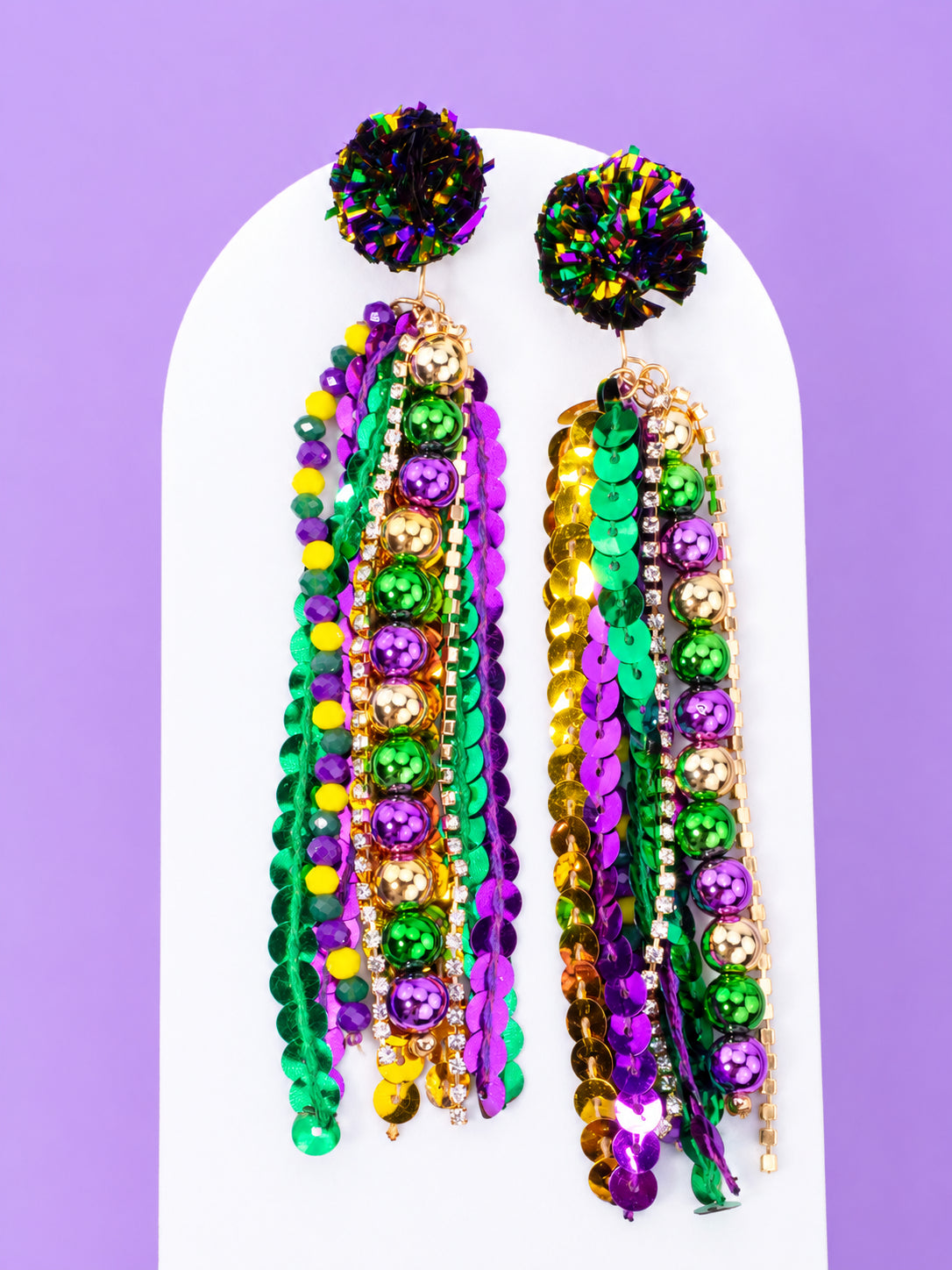 Mardi Gras Sequin Beaded Tassel Post Earrings