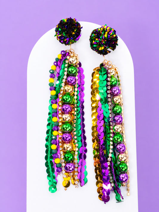 Mardi Gras Sequin Beaded Tassel Post Earrings