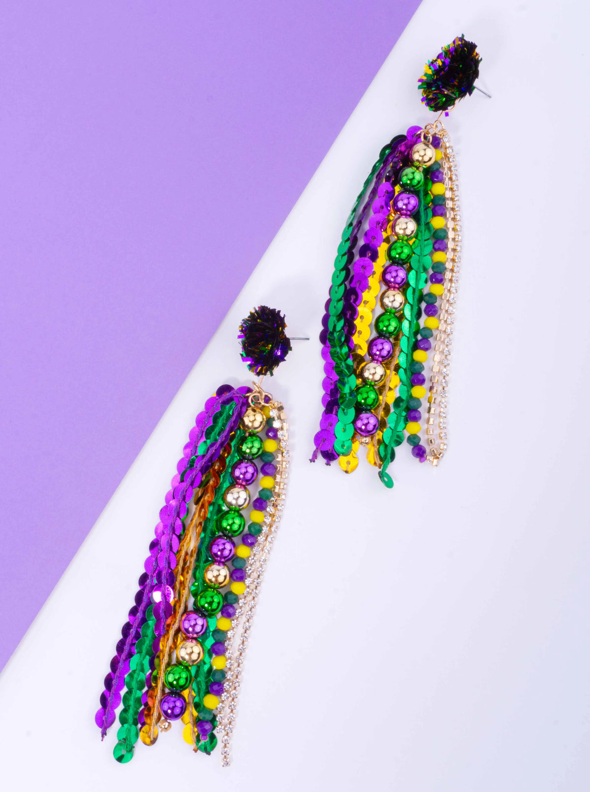 Mardi Gras Sequin Beaded Tassel Post Earrings