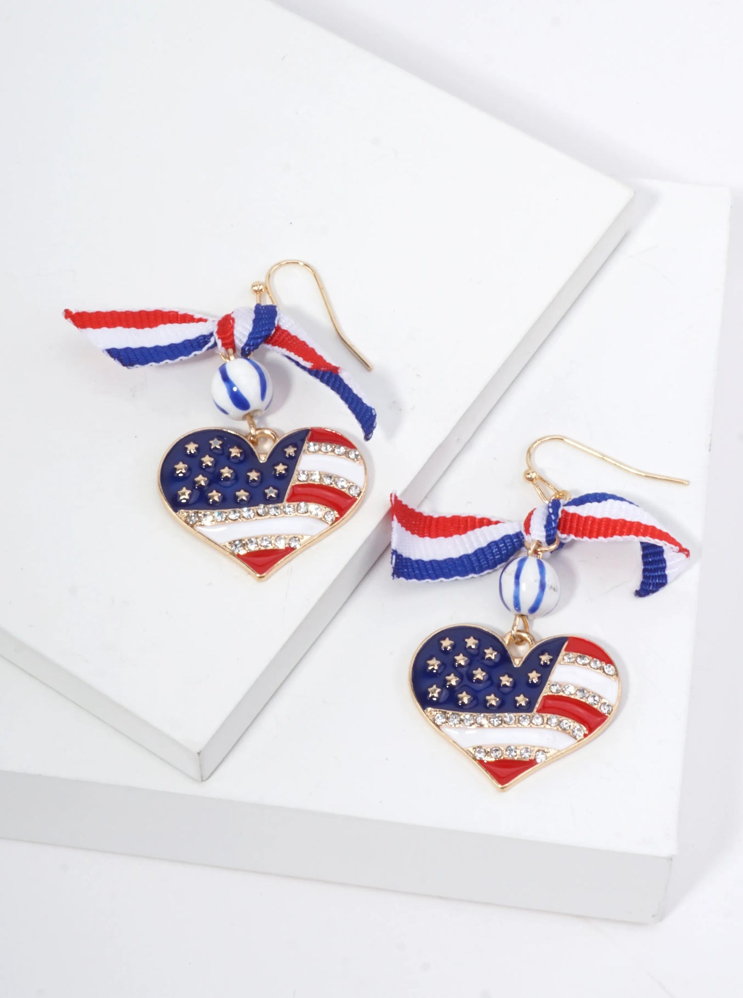 Patriotic Heart Rhinestone Dangle Earrings