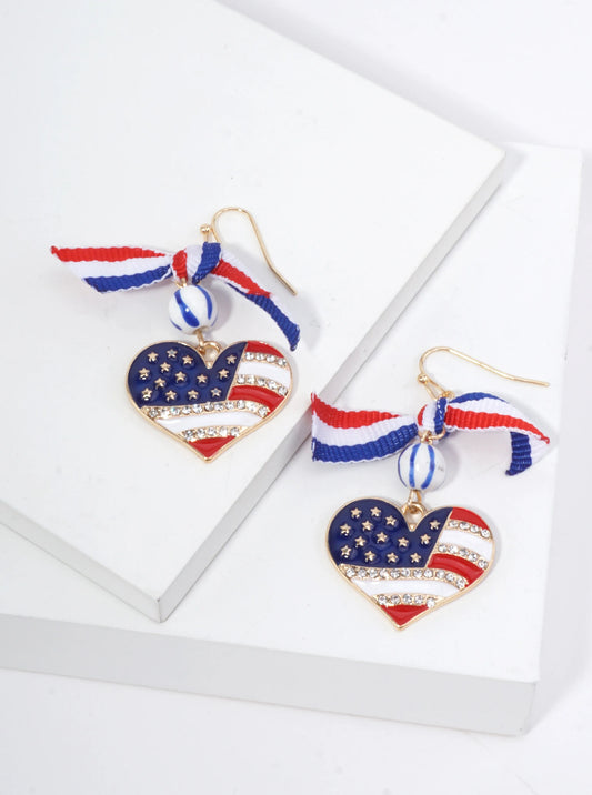 Patriotic Heart Rhinestone Dangle Earrings