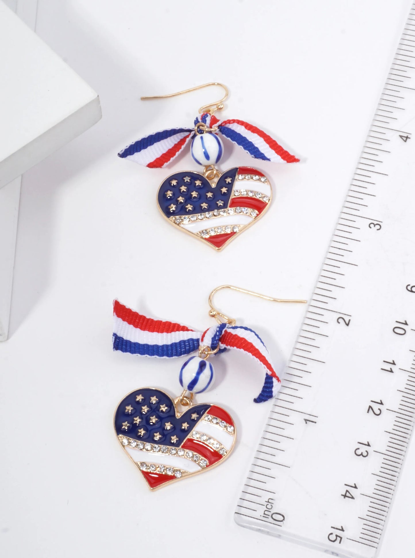Patriotic Heart Rhinestone Dangle Earrings