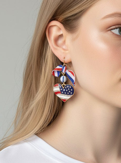 Patriotic Heart Rhinestone Dangle Earrings