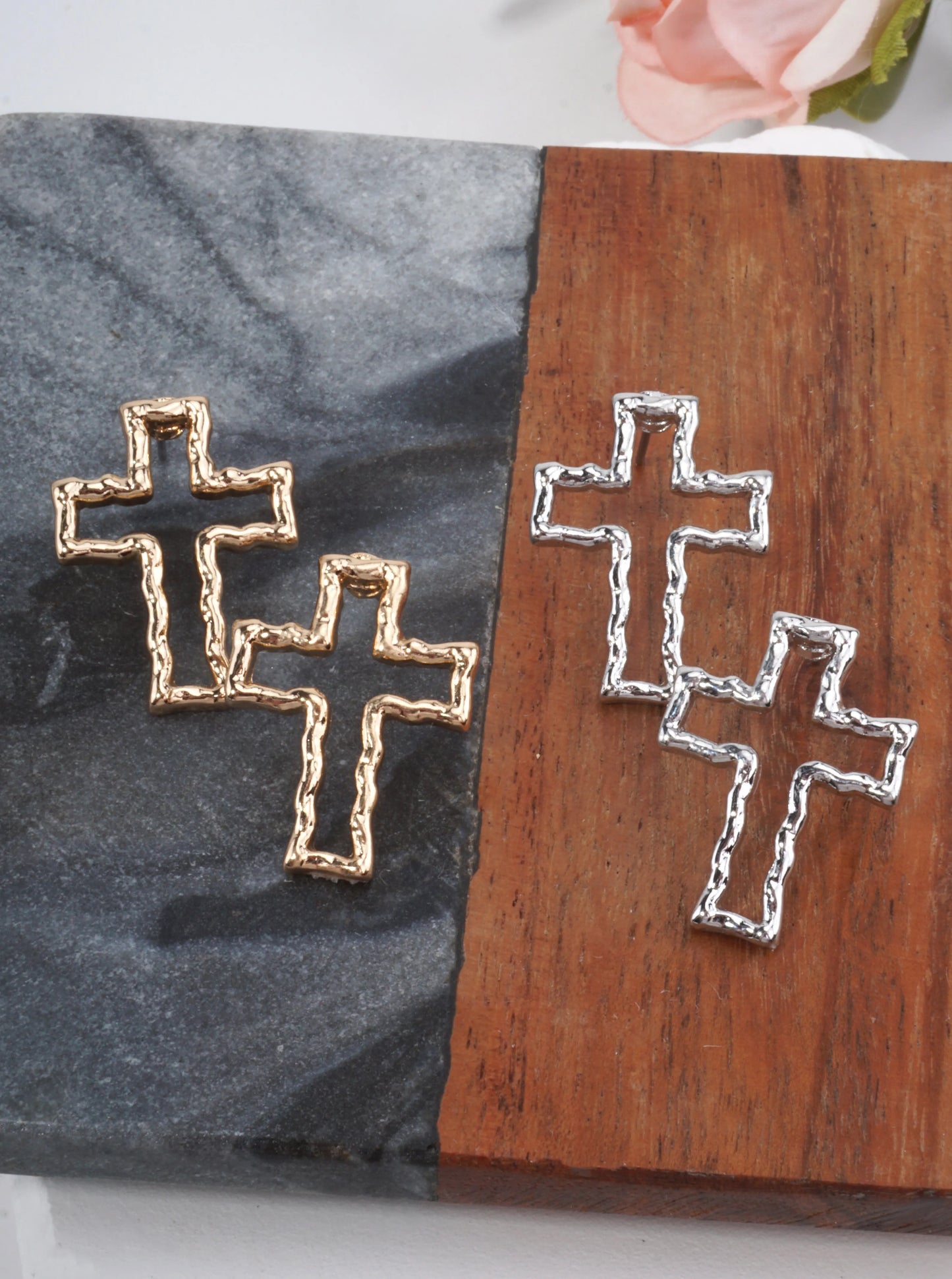Classic Cross Hammered Post Back Earrings