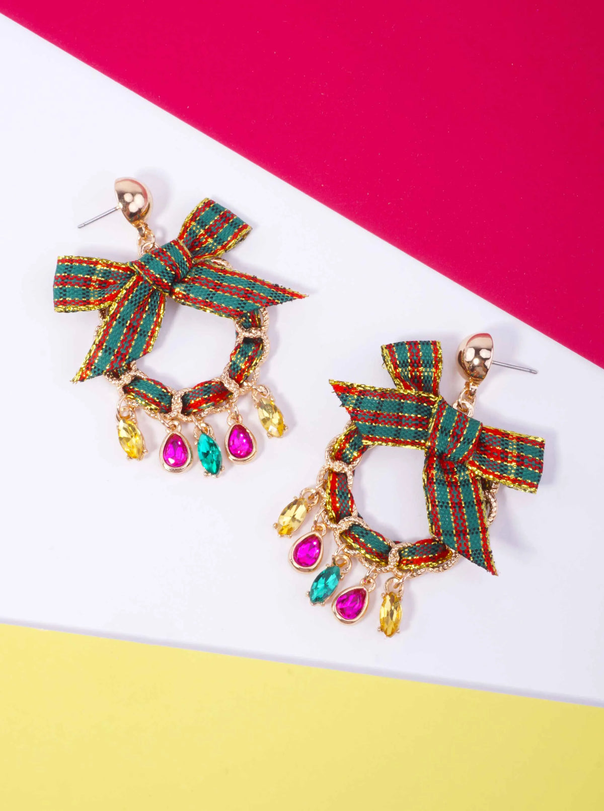 Rhinestone Ribbon Wreath Post Drop Earrings